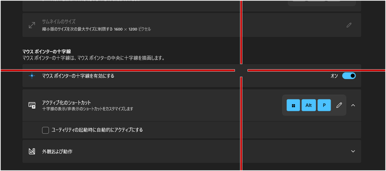 PowerToysのマウスポインターの十字線を有効にするをオンにしたところ